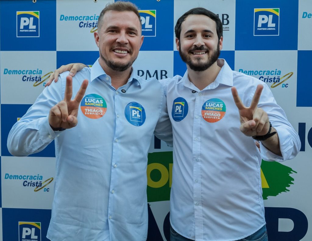 Sanches e Surfista lideram a aliança “A Mudança Começa Agora”, que abarca os partidos PL, NOVO, DC e PMB. 